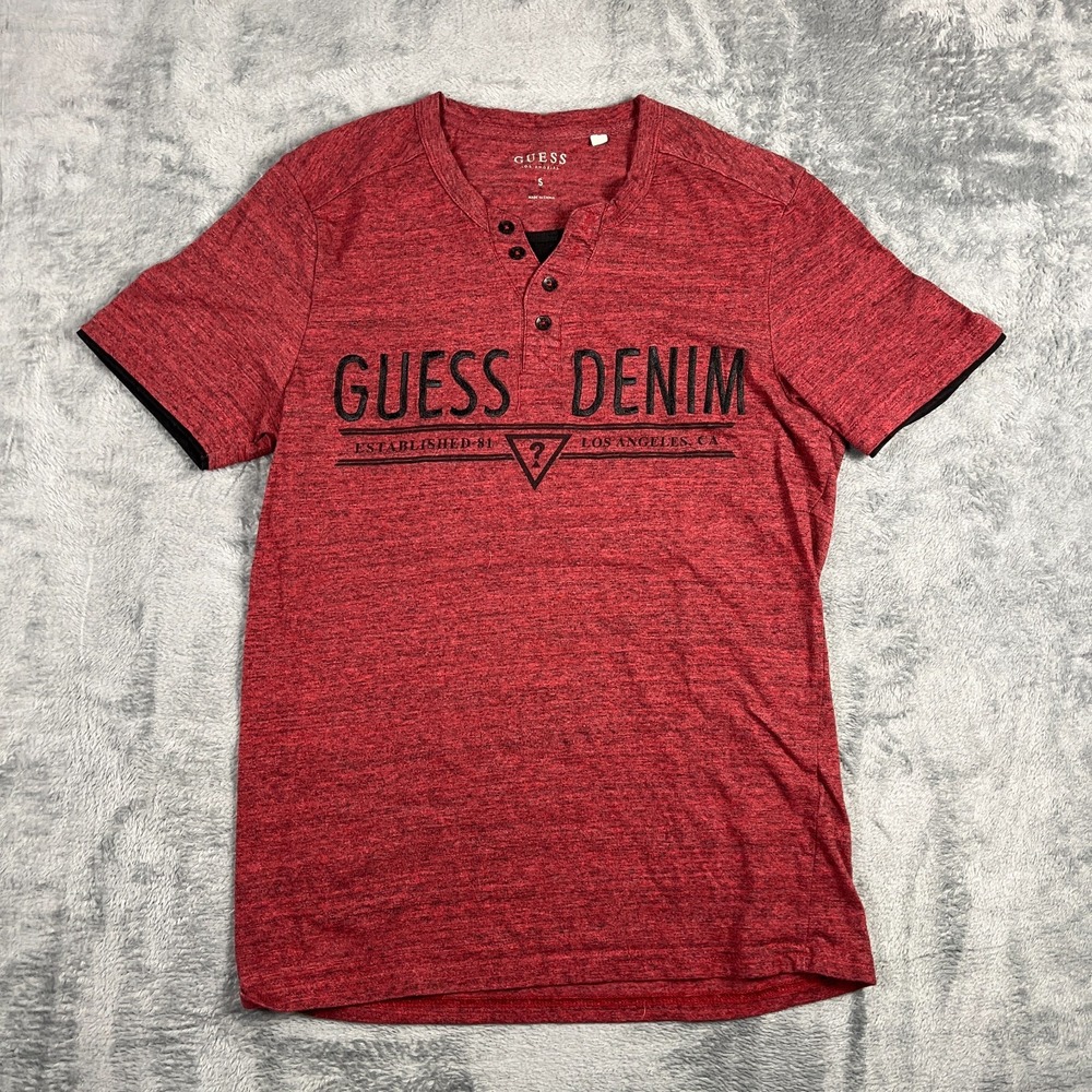 Guess Los Angeles Henley Shirt Mens Small Red Embroidered Logo Short Sleeve